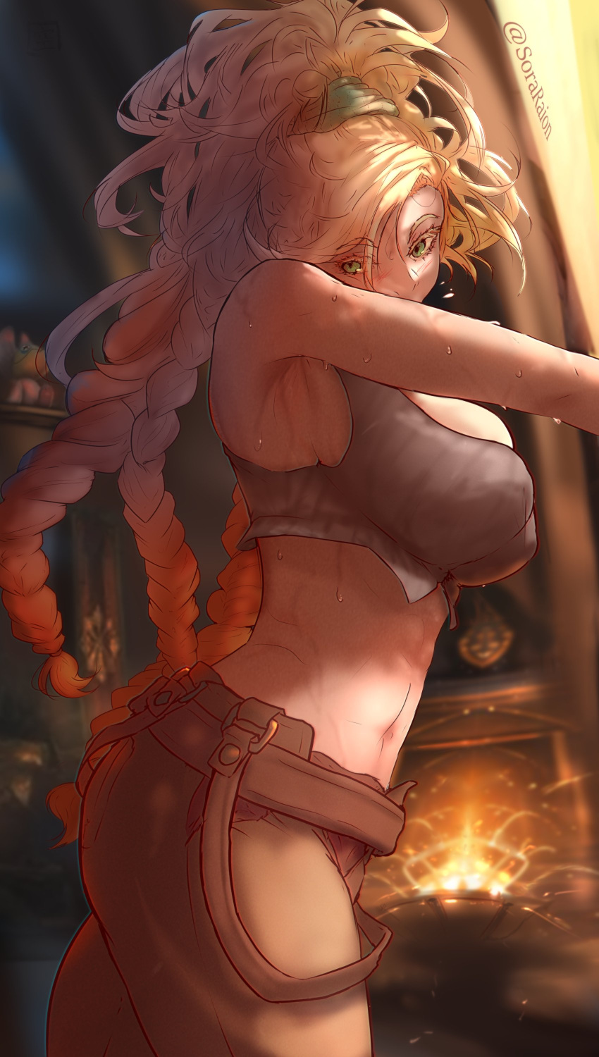 1girl, asymmetrical_hair, blacksmith, blonde_hair, blue_eyes, braid, breasts, gemma_(monster_hunter_wilds)