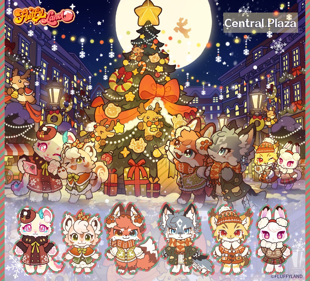 3boys, 3girls, anael_(fluffy_land), androgynous, animal_ears, animal_feet, animal_hands, bay_(fluffy_land), caesar_(fluffy_land), cat_ears, cat_girl, cat_tail, cheryl_(fluffy_land), chibi, chibi_only, chibikemo, christmas, christmas_tree, commentary, crossdressing, crossdressing_(mtf), digitigrade, earmuffs, earrings, english_commentary, felice_(fluffy_land), fluffy_land, fox_boy, fox_ears, fox_tail, furry, furry_female, furry_male, hat, heterochromia, holding, holding_hands, holding_phone, horns, jewelry, kikugawa_ru, lynx, multiple_boys, multiple_girls, official_alternate_costume, official_art, outdoors, pawpads, phone, rabbit_ears, rabbit_girl, rabbit_tail, reindeer, river_(fluffy_land), rudolph_the_red_nosed_reindeer, scarf, second-party_source, selfie, sentient_stuffed_toy, single_earring, snow, snow_leopard_boy, snow_leopard_ears, snow_leopard_tail, squirrel_ears, squirrel_girl, squirrel_tail, tail, trap, wolf_boy, wolf_ears, wolf_tail