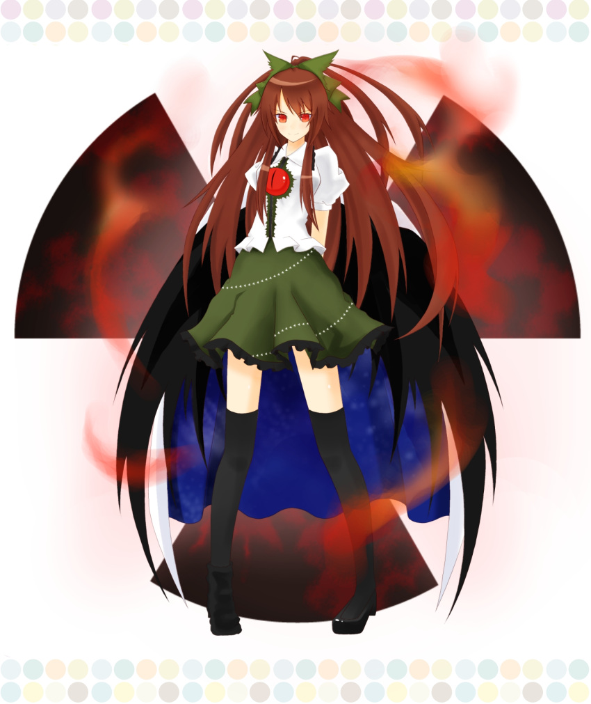 bow, brown_hair, cape, hair_bow, highres, long_hair, red_eyes, reiuji_utsuho