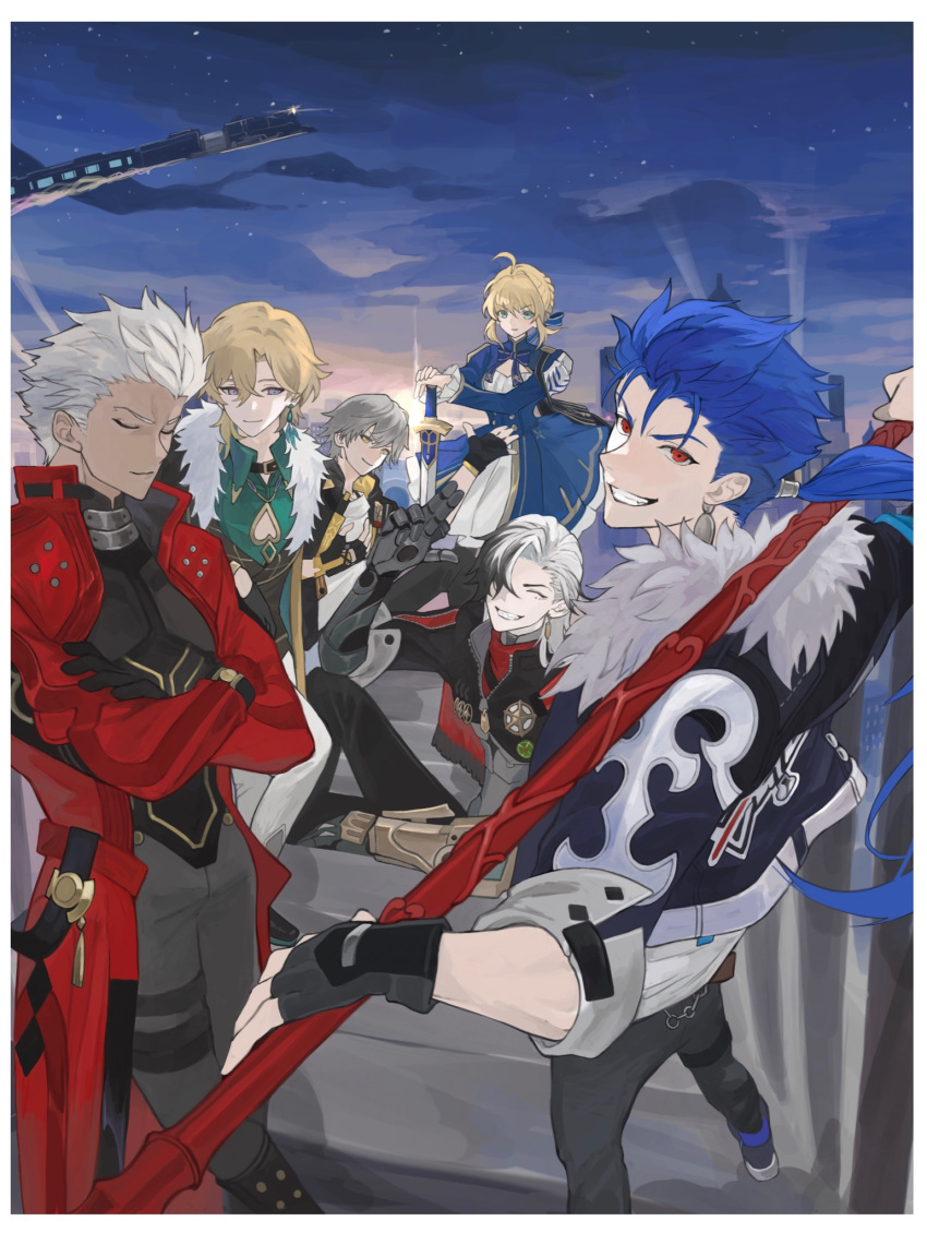 1girl, 5boys, aqua_eyes, aqua_shirt, archer_(fate), archer_(honkai:_star_rail)_(fate), armor, artoria_pendragon_(fate)