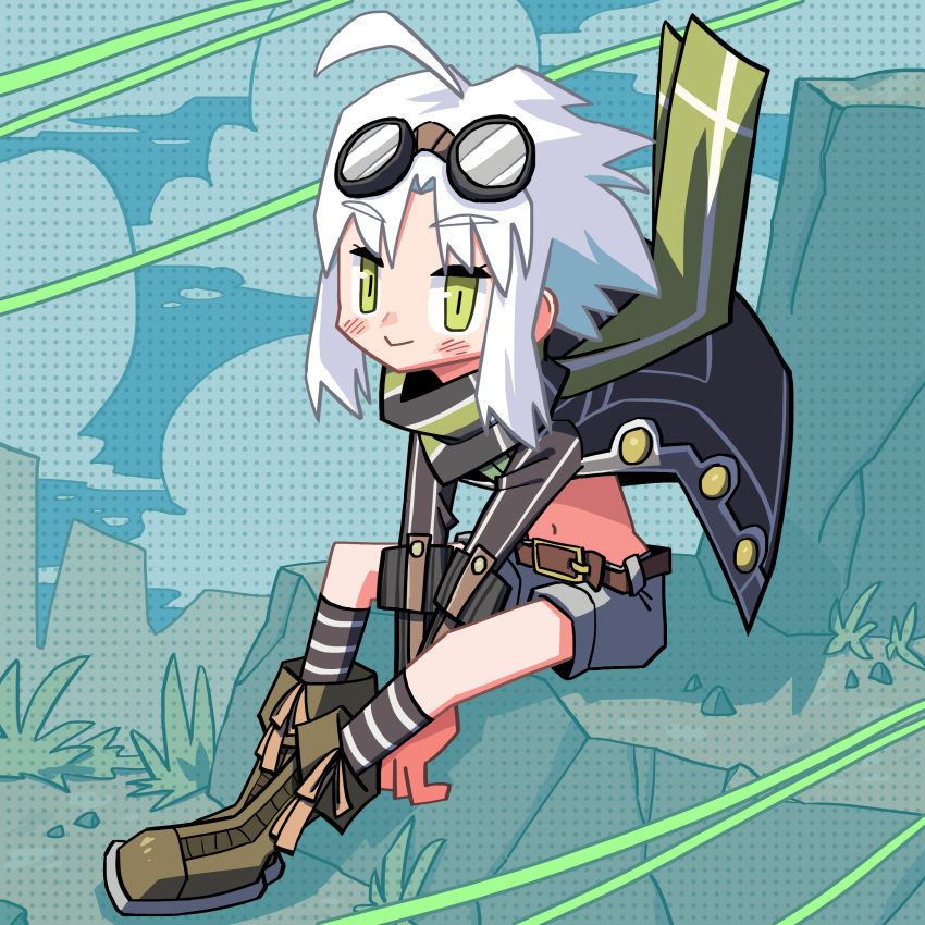 1girl, absurdres, boots, chibi, curtained_hair, eiyuu_densetsu, fie_claussell, floating_jacket, floating_scarf, full_body, goggles, goggles_on_head, green_eyes, green_scarf, highres, jacket, looking_at_viewer, navel, open_clothes, open_jacket, parted_bangs, scarf, sen_no_kiseki_(series), sen_no_kiseki_ii, short_hair, shorts, sidelocks, sitting, smile, solo, white_hair, zephyrrr_25