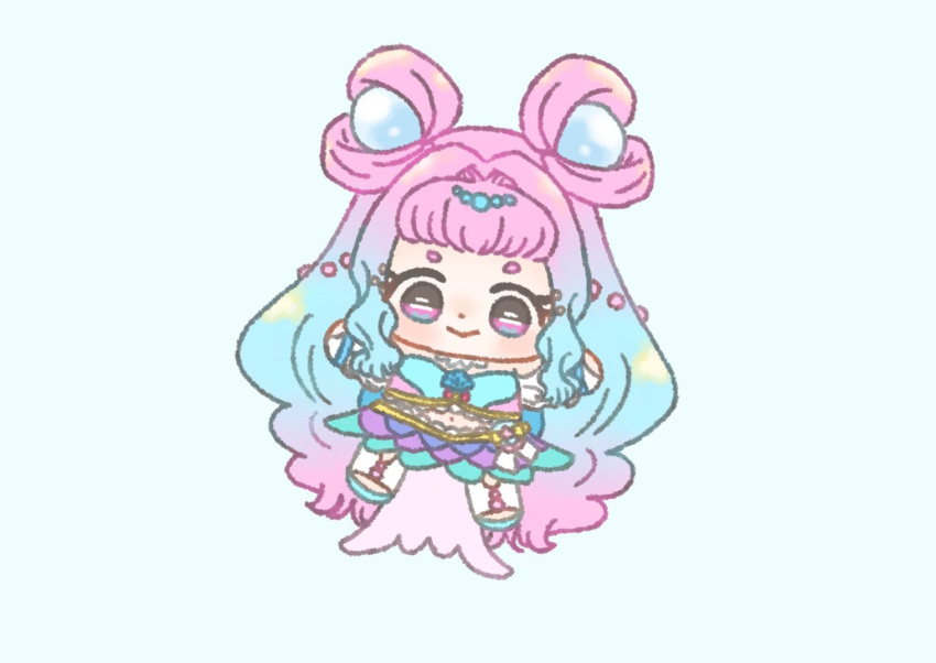 1girl, absurdly_long_hair, aqua_sandals, aqua_skirt, bag_bow, bare_shoulders, beads, blue_background