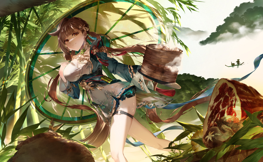 1girl, absurdres, bamboo, bamboo_steamer, basket, breasts, brown_eyes, brown_hair