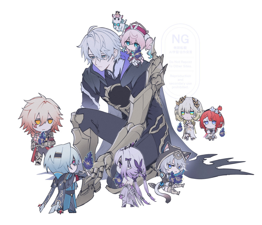 3boys, 5girls, aglaea_(honkai:_star_rail), anaxa_(honkai:_star_rail), ancient_greek_clothes, animal_ear_fluff, animal_ears, antenna_hair