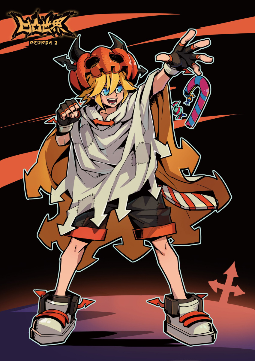 1boy, alternate_costume, aotu_world, arrow_(symbol), black_gloves, black_horns, black_shorts, blonde_hair
