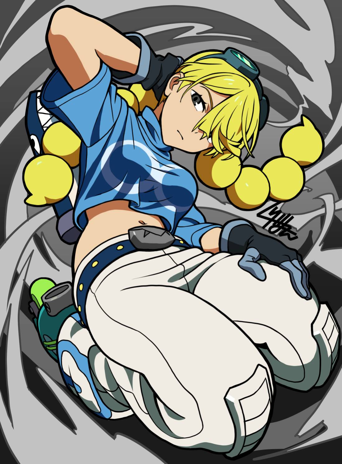 1girl, black_gloves, blonde_hair, braid, breasts, crop_top, frown, gloves
