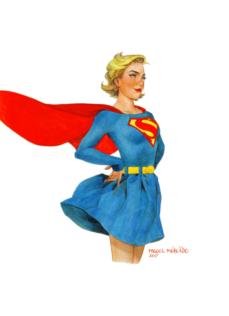 1girl, belt, blonde_hair, blue_eyes, blue_skirt, blush, cape, dc_comics