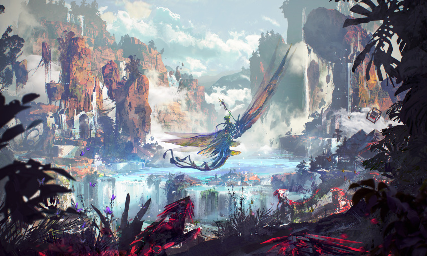 1boy, absurdres, arm_up, asura_(guild_wars), bird, blue_scales, bug, butterfly, clouds, cloudy_sky, colored_skin, concept_art, creature, day, dinosaur, dragon, dragonfly_wings, fairy, fairy_dragon, fantasy, floating_rock, flying, fog, full_body, green_hair, green_skin, guild_wars_(series), guild_wars_2, highres, holding, holding_staff, holding_weapon, iridescent, key_visual, landscape, necromancer, non-humanoid_robot, official_art, outdoors, pact_commander_(guild_wars_2), plant, promotional_art, purple_butterfly, raptor, red_scales, richard_anderson, riding, robot, scenery, science_fiction, short_hair, simple_bird, sky, solo, staff, standing, vines, vines_around_weapon, water, waterfall, weapon, white_bird