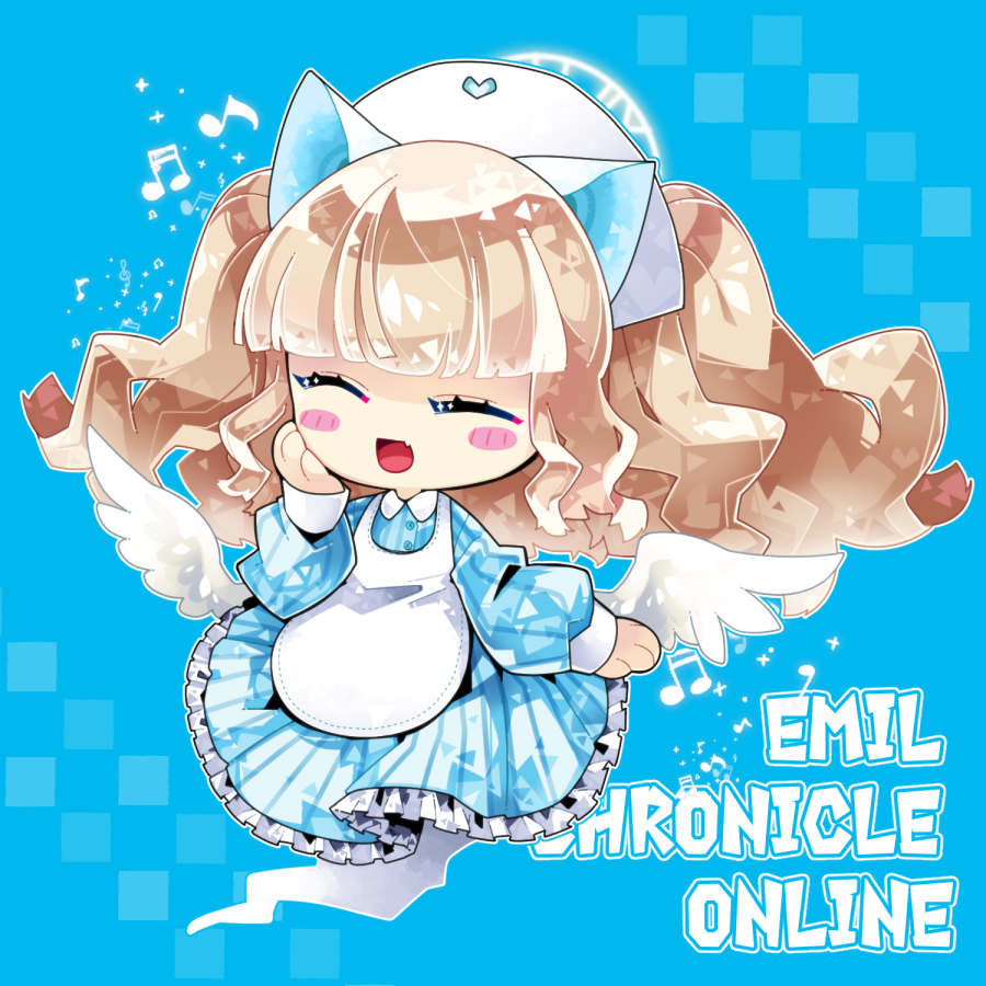 1girl, animal_ears, apron, blonde_hair, blue_dress, blush_stickers, cat_ears, cat_girl, closed_eyes, cw_hituzi, dress, emil_chronicle_online, frilled_dress, frills, ghost, ghost_girl, halo, hat, long_hair, musical_note, nekomata, nekomata_shiro, nurse_cap, open_mouth, spoken_musical_note, twintails, white_wings, wings