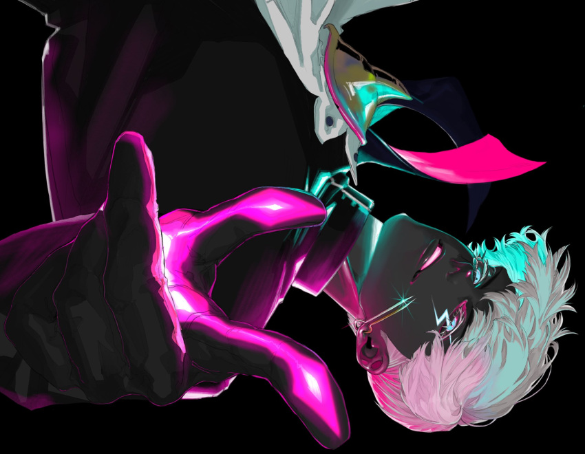 1boy, aka_iro_9, black_background, black_gloves, blue_eyes, close-up, colored_eyelashes, cropped_torso, dark-skinned_male, dark_skin, earrings, fate/grand_order, fate_(series), floating, gloves, glowing_teeth, high_collar, highres, jewelry, lightning_bolt_symbol, looking_at_viewer, pointing, pointing_at_viewer, short_hair, simple_background, single_earring, smile, solo, teeth, upside-down, white_eyelashes, white_hair