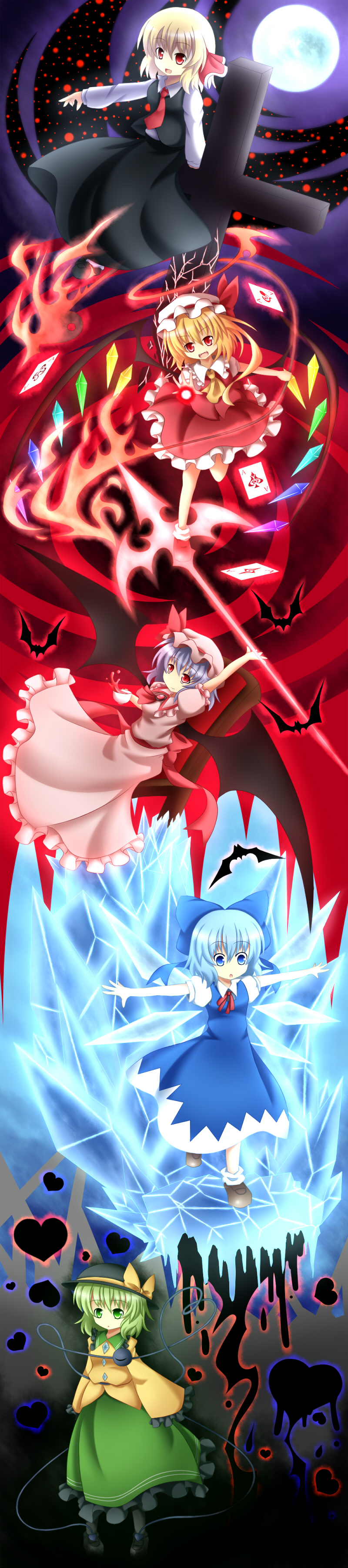 absurdres, ascot, bat, bat_wings, blonde_hair, blue_eyes, blue_hair, bow