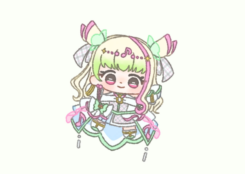 1girl, asymmetrical_legwear, bare_shoulders, beads, blonde_hair, bow, bracelet, brooch