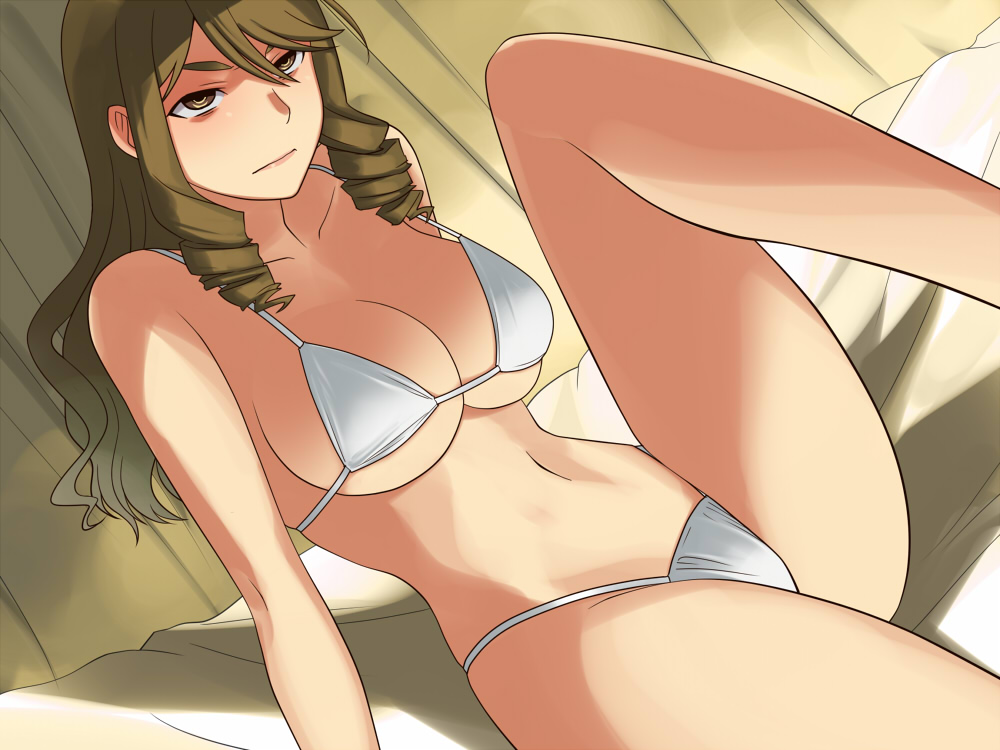 brown_eyes, brown_hair, drill_hair, long_hair, original, solo, swimsuit, yizumi