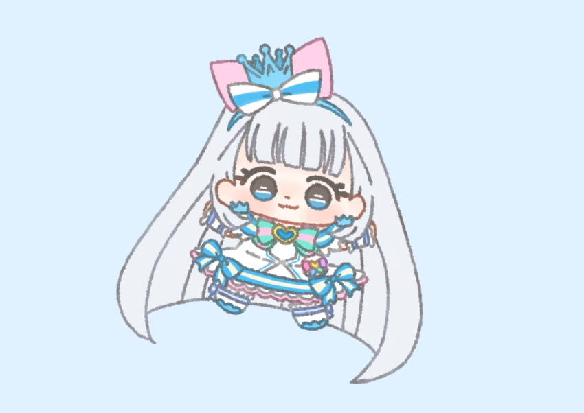 1girl, :3, absurdly_long_hair, aqua_bow, aqua_bowtie, bag_bow, bare_shoulders, blue_background