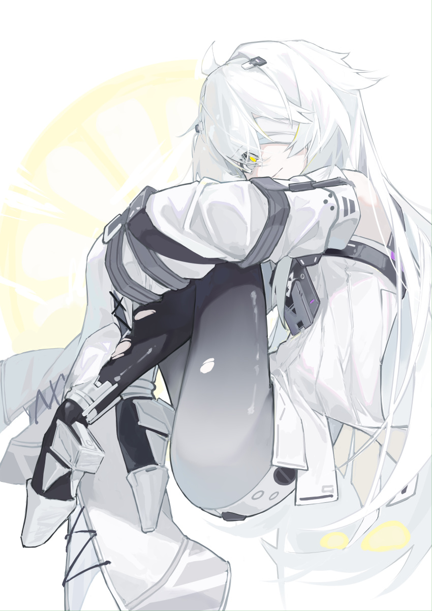 1girl, absurdres, ahoge, bandage_over_one_eye, bent_back, black_pantyhose, chinese_commentary, chino_(user_zdyd2447)