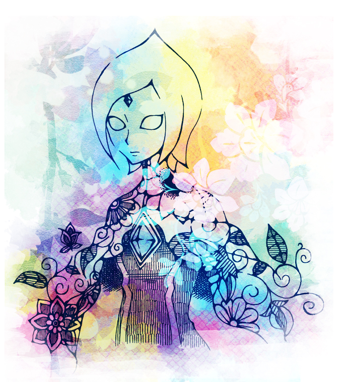 1girl, black_outline, blank_eyes, cape, chatan_(160429), chest_jewel, fi_(zelda), floral_background
