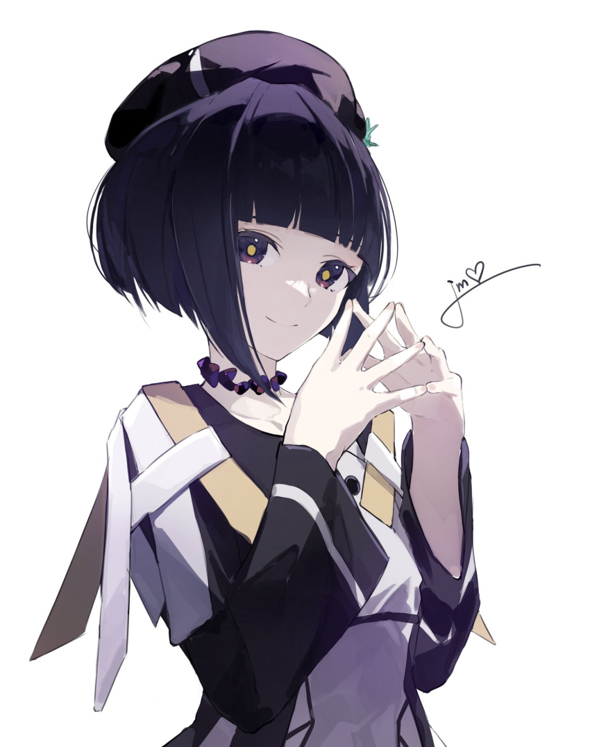 1girl, beret, black_dress, black_eyes, black_hair, black_hat, blunt_bangs, bob_cut