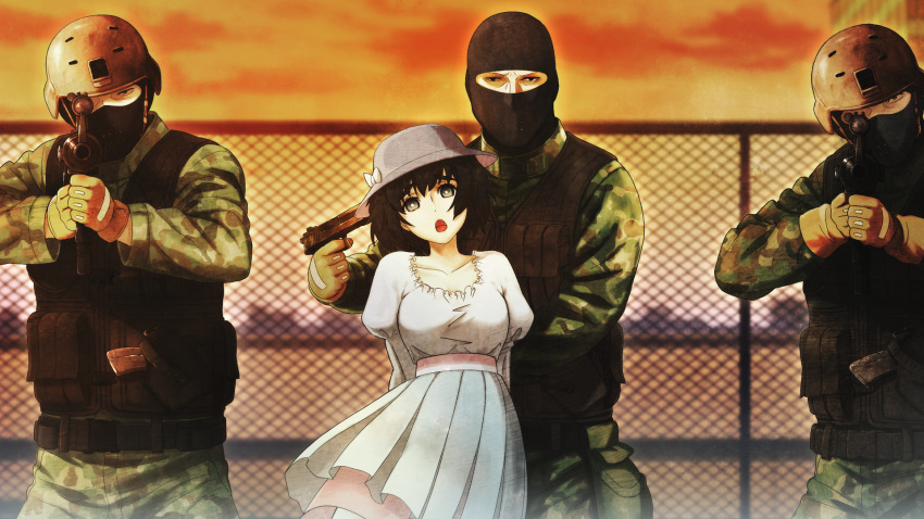 1girl, 3boys, :o, aiming, aiming_at_another, aiming_at_viewer, assault_rifle, at_gunpoint