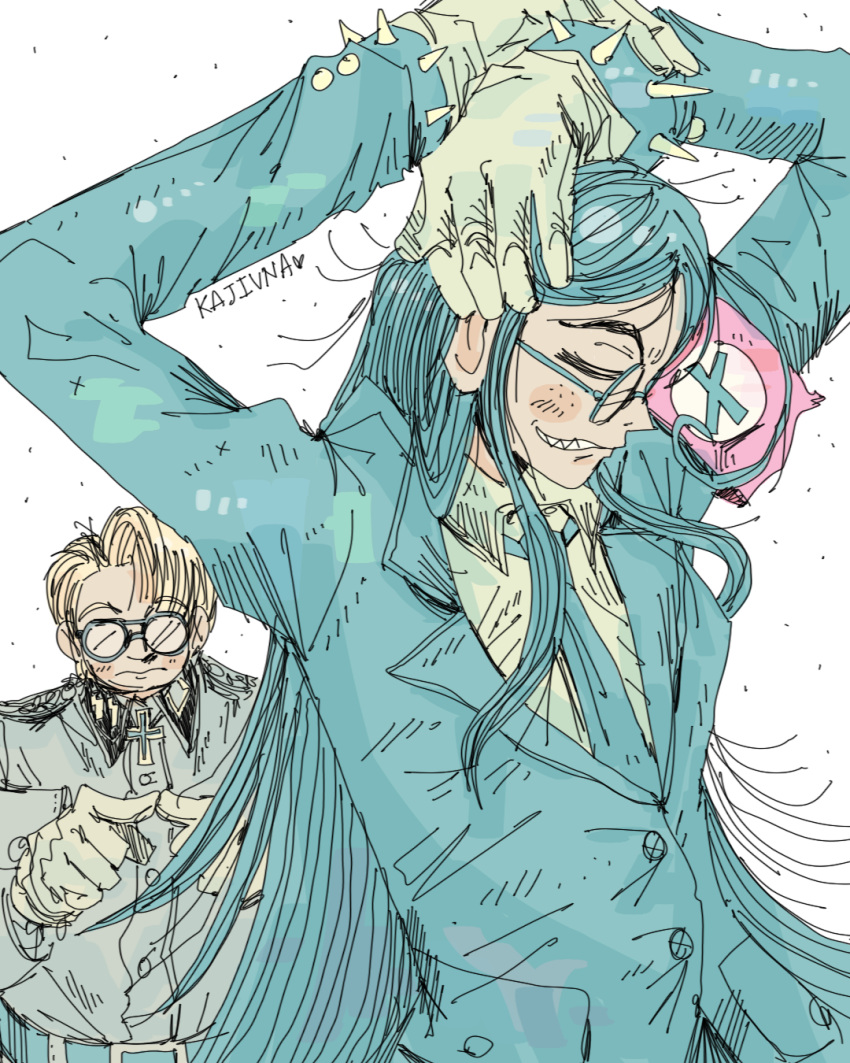 1boy, 1girl, ahoge, armband, arms_tied_above_head, artist_name, black_hair, blonde_hair, closed_eyes, cross, fangs, formal_clothes, freckles, glasses, gloves, hellsing, highres, iron_cross, kajiuna, light_frown, long_hair, major_(hellsing), nazi, necktie, obscured_eyes, opaque_glasses, partially_opaque_glasses, red_armband, rip_van_winkle_(hellsing), runes, short_hair, spiked_cuffs, ss_insignia, ss_uniform, suit, swastika_necklace, teeth, very_long_hair, white_gloves