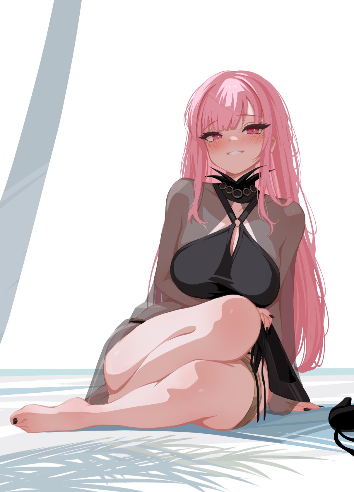barefoot, bikini, black_bikini, black_nails, blush, highres, hololive, hololive_english