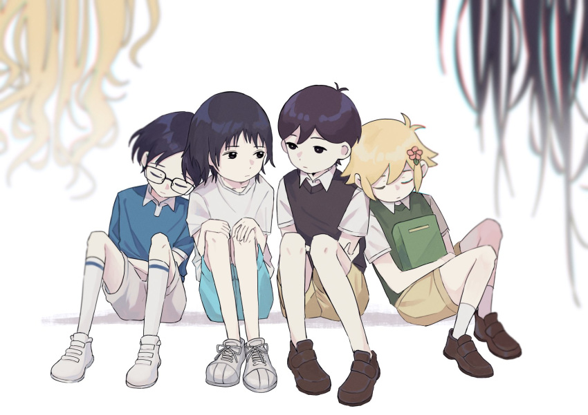 1girl, 3boys, azuma_naoki, basil_(faraway)_(omori), basil_(omori), black-framed_eyewear, black_eyes, black_hair