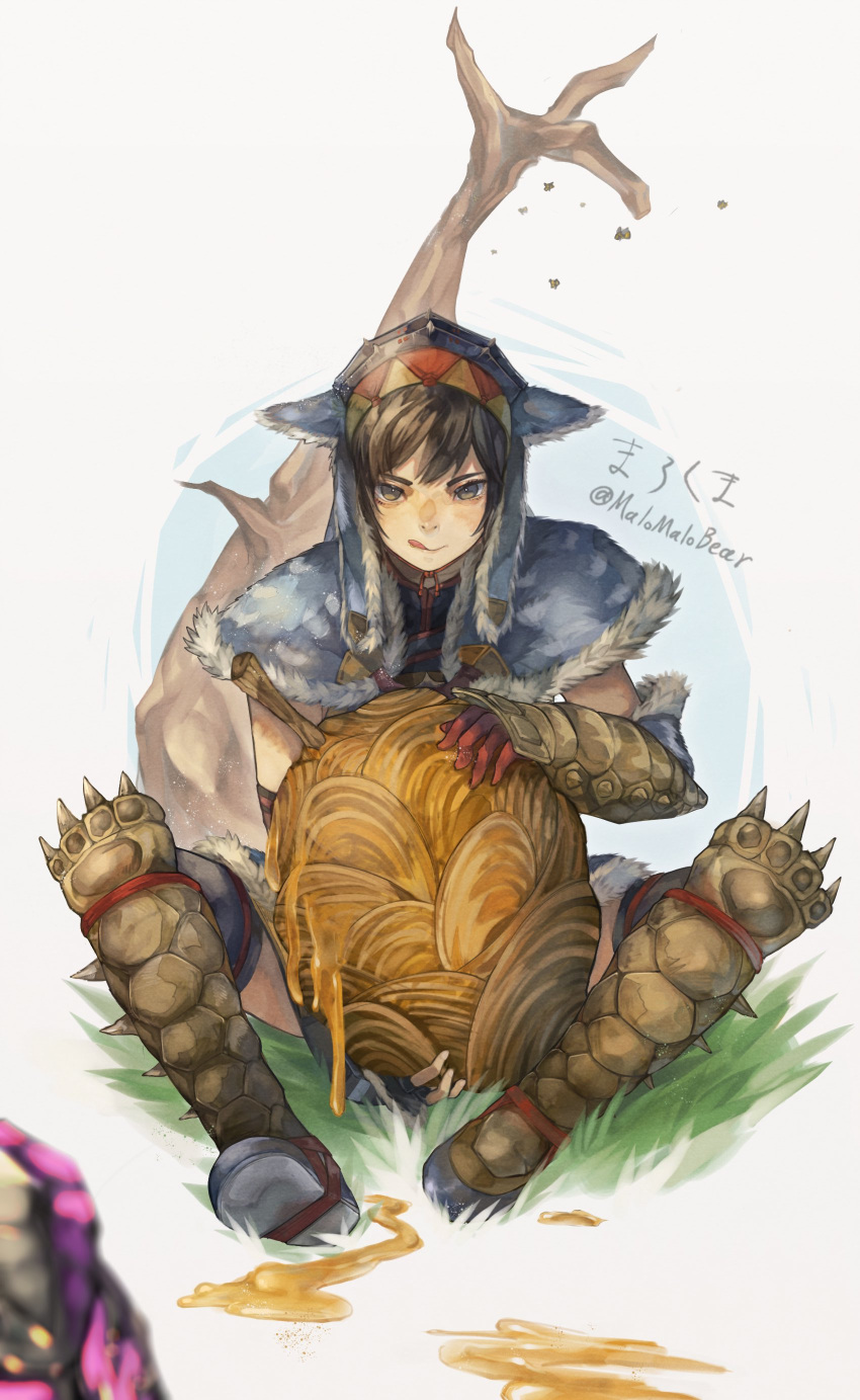 1girl, absurdres, armor, baggi_(armor), bare_tree, bee, blue_armor, brown_eyes