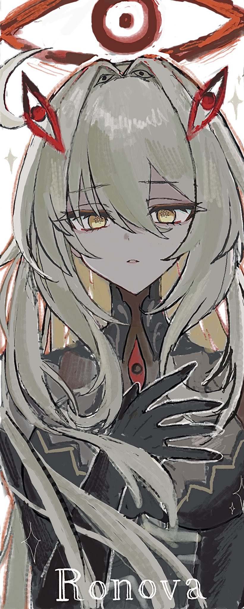 1girl, ahoge, black_claws, black_dress, black_skin, blonde_hair, character_name, colored_skin