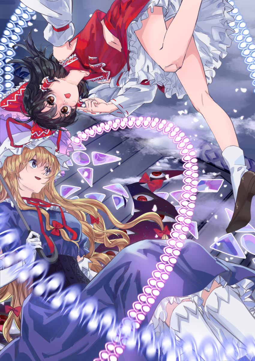 2girls, absurdres, armpits, ascot, bad_anatomy, bad_face, black_hair, blonde_hair