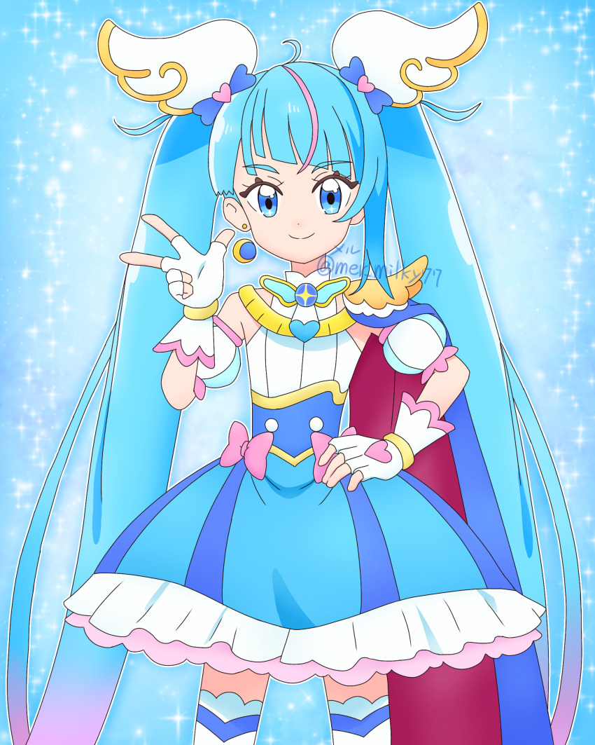 1girl, absurdres, ahoge, artist_name, blue_background, blue_cape, blue_dress, blue_eyes