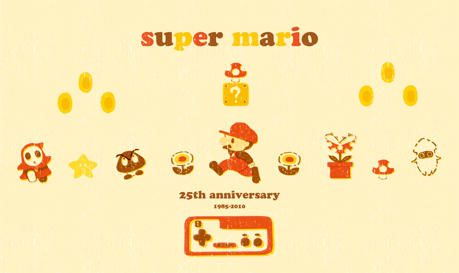 1boy, ?_block, anniversary, blooper_(mario), brown_shirt, copyright_name, facial_hair, famicom_gamepad