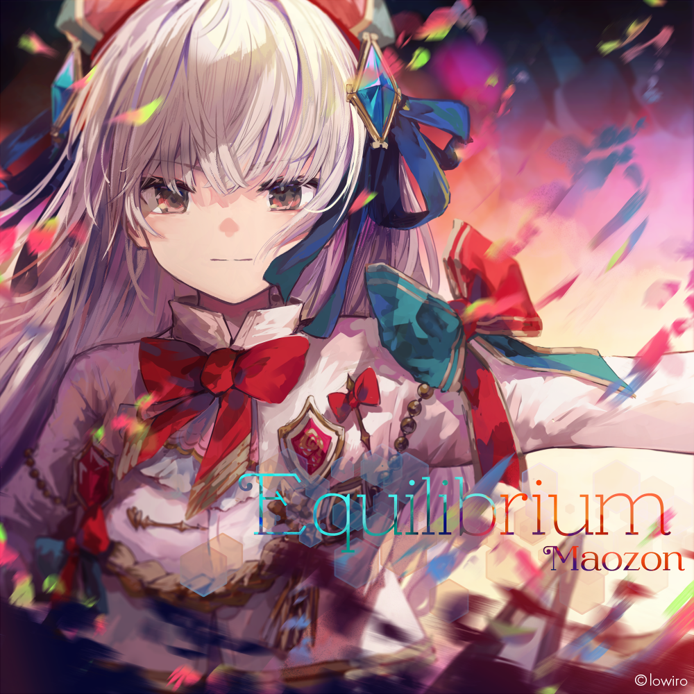1girl, aiguillette, album_cover, arcaea, blue_bow, blue_gemstone, blue_ribbon, bow