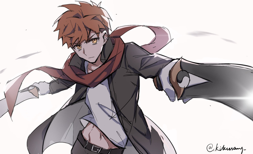 1boy, artist_name, black_coat, brown_eyes, coat, dual_wielding, emiya_shirou, fate/stay_night