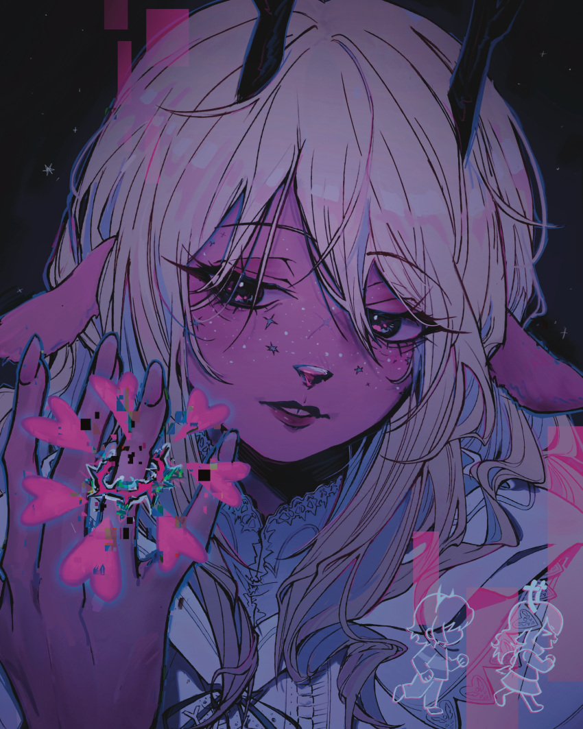 1girl, 1other, absurdres, animal_ears, antlers, black_eyes, black_horns, black_lips