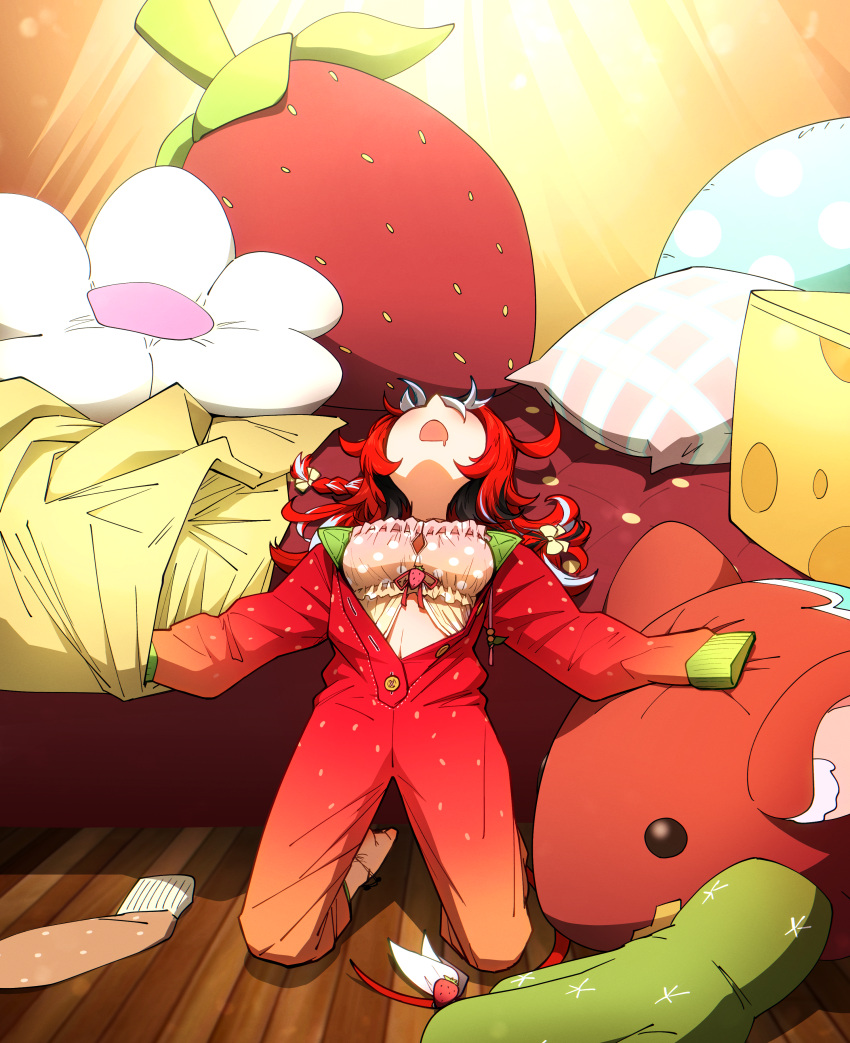1girl, absurdres, babydoll, braid, d:, ddolbang, food_print, fruit_print
