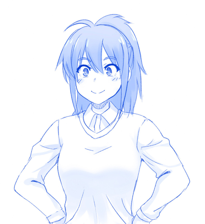 1girl, ahoge, blush, closed_mouth, highres, ijiranaide_nagatoro-san, long_sleeves, looking_at_viewer, monochrome, orihara_(nagatoro), ponytail, school_uniform, simple_background, smile, solo, sweater, upper_body, viperxtr, white_background