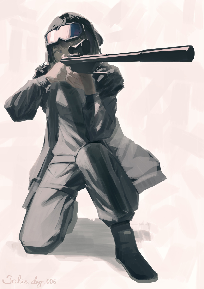 1girl, 1solis000, absurdres, aiming, andreana_(arknights), arknights, black_hair, black_jacket
