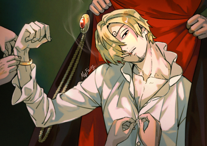 1boy, artist_name, blonde_hair, cape, cigarette, curly_eyebrows, facial_hair, hair_over_one_eye