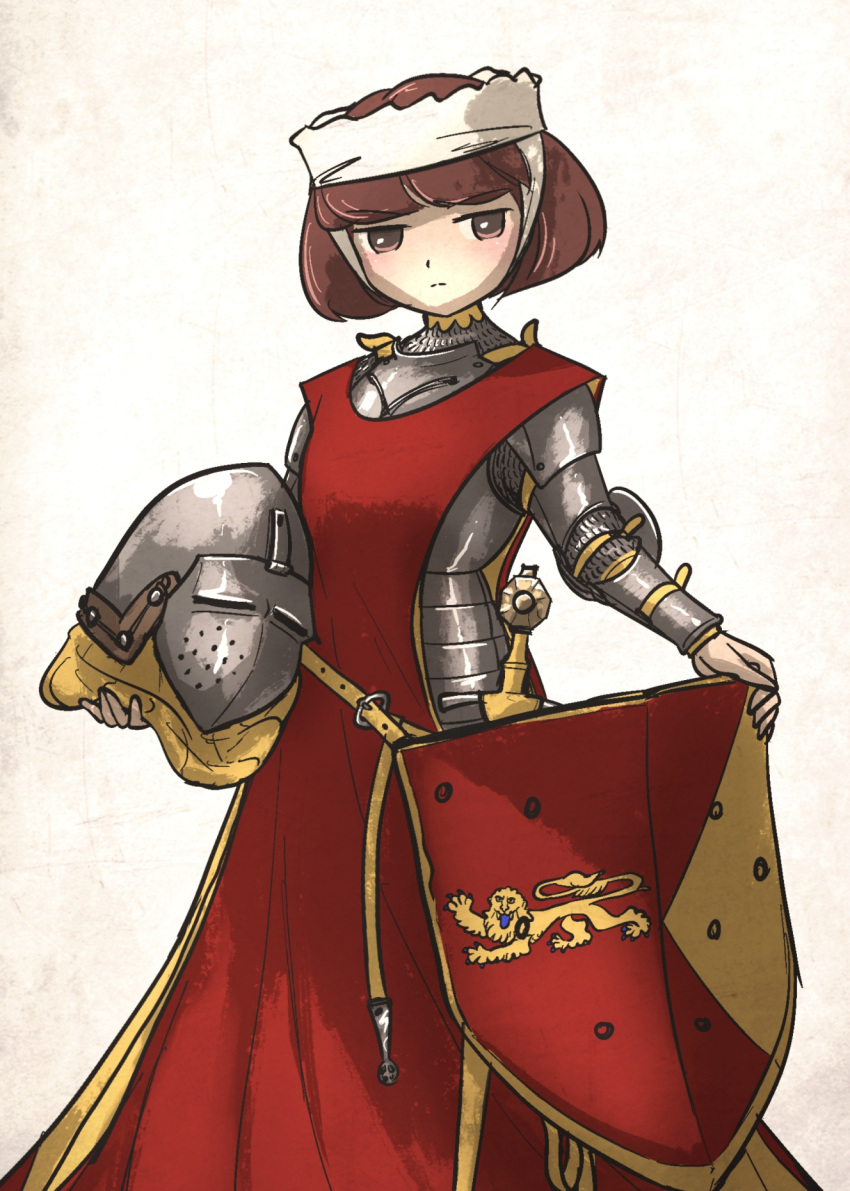 1girl, armor, aventail, bascinet, belt, brown_eyes, brown_hair, chainmail