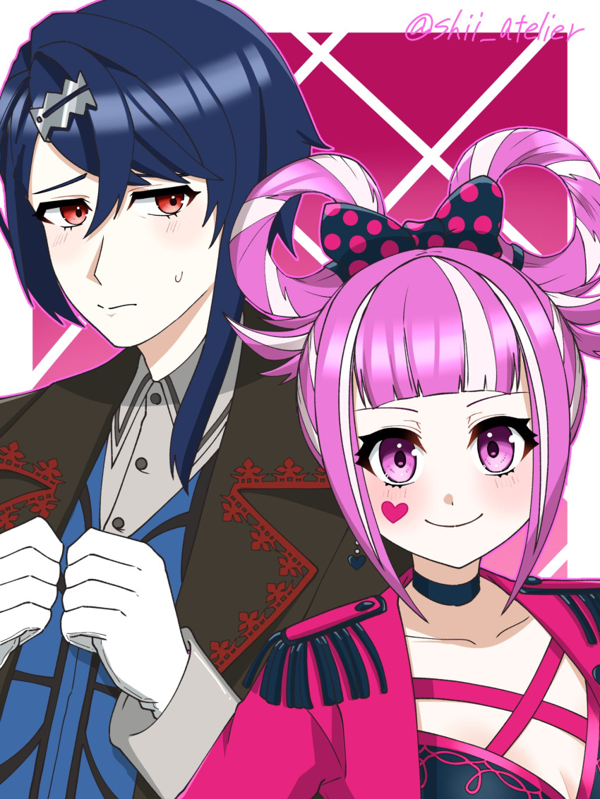 1boy, 1girl, alcryst_(fire_emblem), black_choker, black_jacket, blue_hair, blunt_bangs, bow