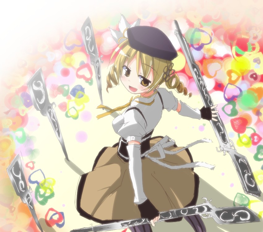 beret, blonde_hair, detached_sleeves, drill_hair, dual_wielding, fingerless_gloves, gloves, gun