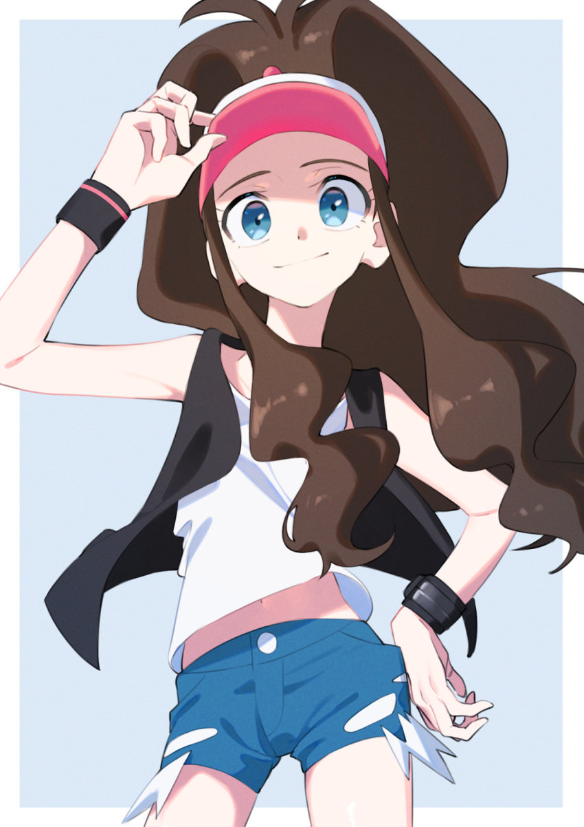 1girl, adjusting_clothes, adjusting_headwear, aoi_(altea0923), arm_up, black_jacket, blue_eyes, blue_shorts