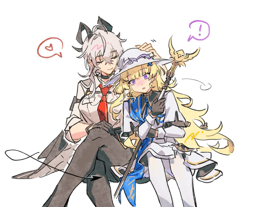 2girls, black_gloves, black_pants, blonde_hair, blush, closed_eyes, closed_mouth, collared_shirt, commentary, demon_tail, english_commentary, gloves, hahahashagi, hat, heart, highres, holding, holding_staff, horns, long_hair, multiple_girls, necktie, pants, pantyhose, parted_lips, phoebe_(wuthering_waves), red_necktie, shirt, simple_background, sitting, sleeves_rolled_up, smile, spoken_heart, staff, tail, violet_eyes, white_background, white_hair, white_hat, white_pantyhose, white_shirt, wuthering_waves, yuri, zani_(wuthering_waves)