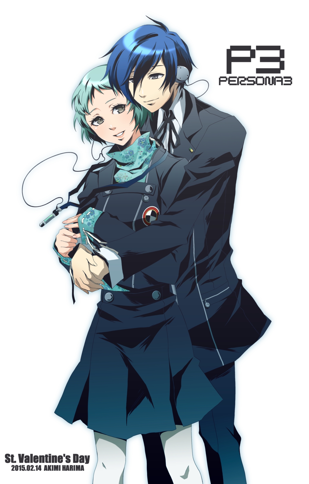 1boy, 1girl, aqua_hair, aqua_sweater, artist_name, black_jacket, black_skirt, blue_eyes