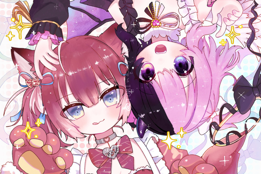 2girls, akami_karubi, amaki_pururu, animal_ears, animal_hands, black_hair, blue_eyes, bow