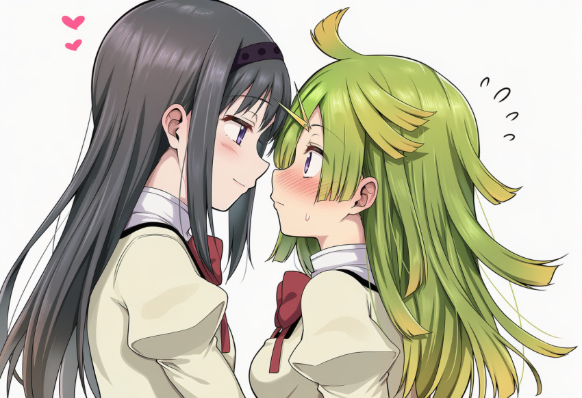 2girls, akemi_homura, aki_mabayu, black_hair, blush, bow, eye_contact, face-to-face, green_hair, hair_ornament, hairband, heart, juliet_sleeves, kishimen_hair, long_hair, long_sleeves, looking_at_another, magia_record:_mahou_shoujo_madoka_magica_gaiden, magical_girl, mahou_shoujo_madoka_magica, mitakihara_school_uniform, multiple_girls, okasa_re_taii, profile, puffy_sleeves, red_bow, school_uniform, scissors_hair_ornament, yuri