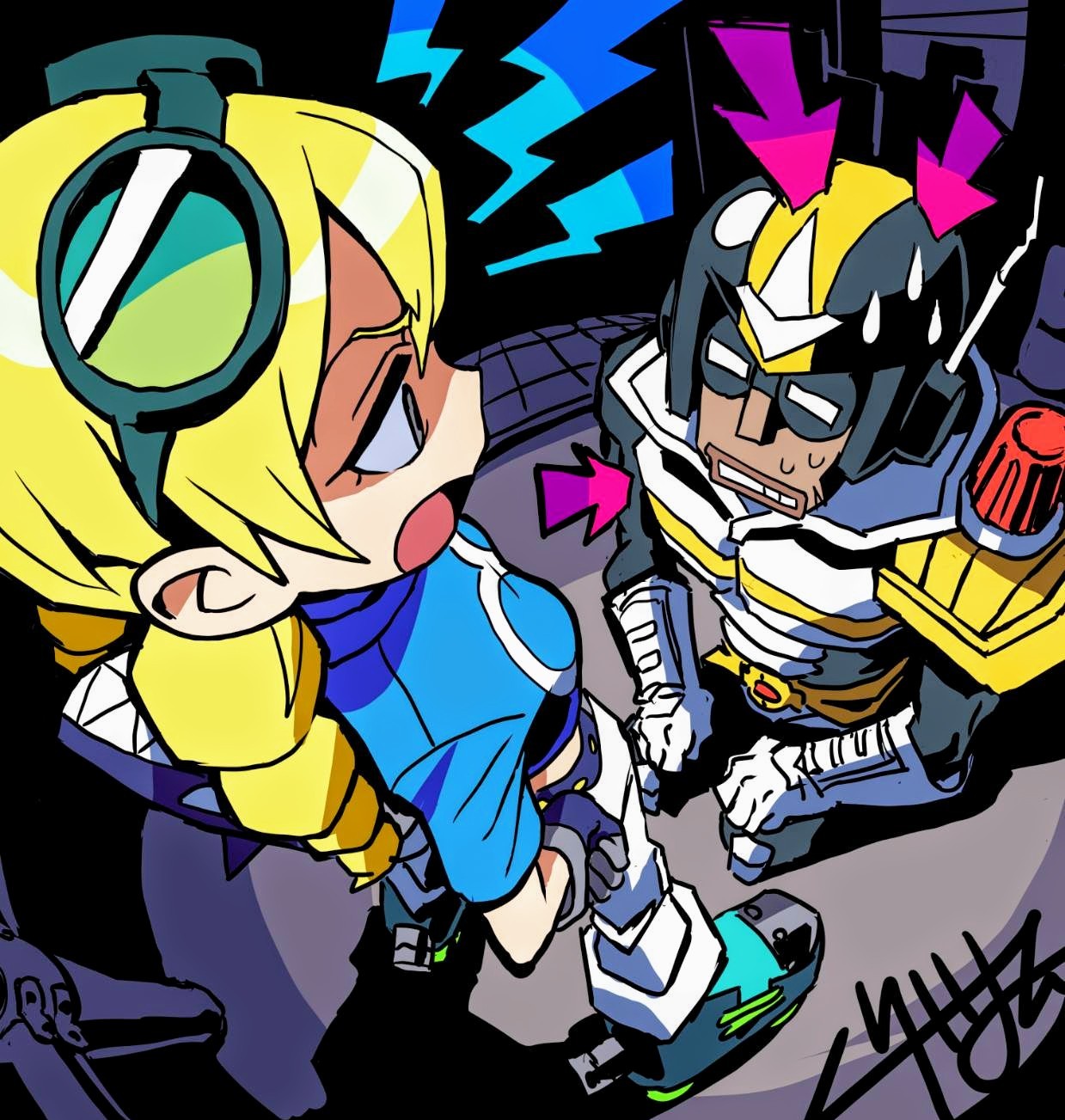 1boy, 1girl, armor, arrow_(symbol), artist_name, belt, breastplate, comedic_sweatdrop