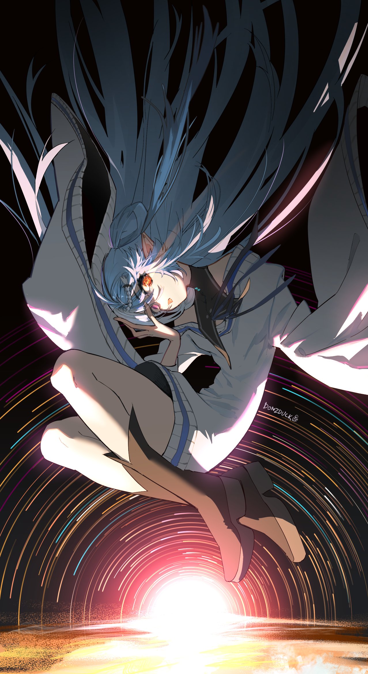 1girl, aquwa, black_shirt, blue_hair, boots, brown_boots, floating_hair, highres