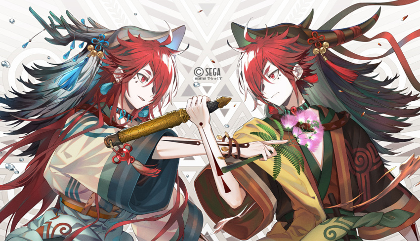 2boys, closed_mouth, commentary_request, earrings, facial_mark, fuziwara_ayumu, hair_over_one_eye, holding, japanese_clothes, jewelry, looking_at_another, male_focus, multiple_boys, open_mouth, original, red_eyes, red_hair