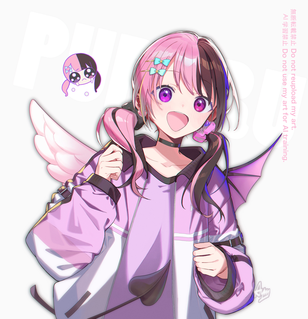 1girl, amaki_pururu, asymmetrical_wings, black_choker, black_hair, blush, bow, choker, commentary_request, fuziwara_ayumu, hair_bow, jacket, low_twintails, multicolored_hair, open_clothes, open_jacket, open_mouth, pink_hair, purple_shirt, reject_(esports), shirt, solo, split-color_hair, tail, teeth, twintails, two-tone_hair, violet_eyes, virtual_youtuber, wings