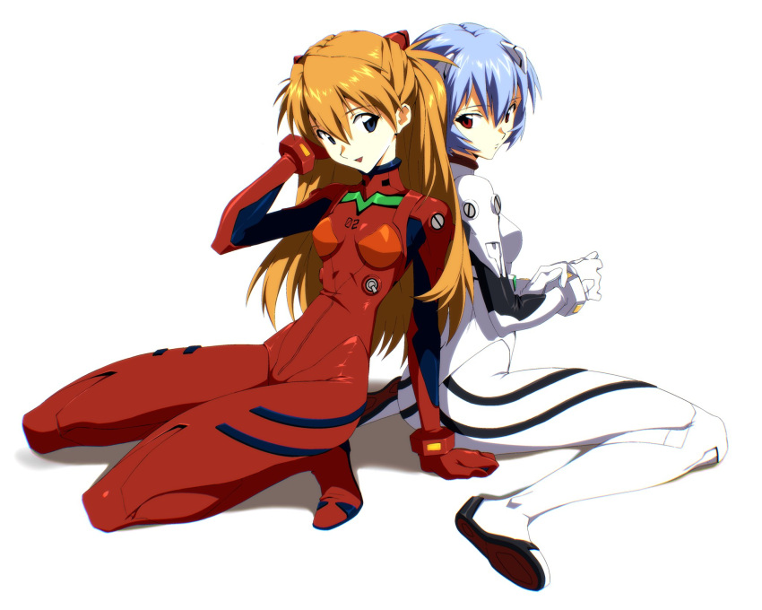 2girls, ayanami_rei, back-to-back, blue_eyes, blue_hair, breasts, expressionless, highres